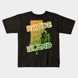 Colorful mandala art map of Rhode Island with text in green and orange Kids T-Shirt